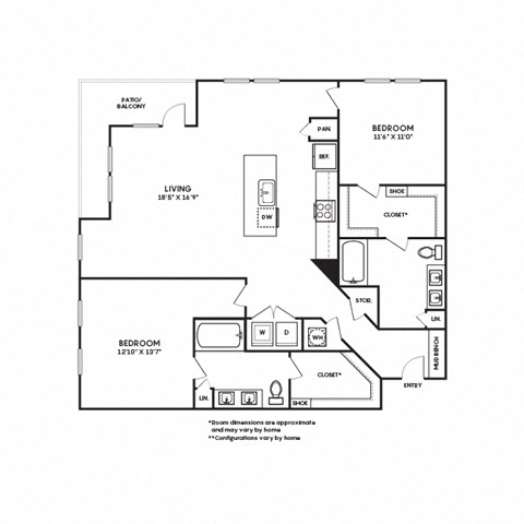 Floor plan for 2 beds, 2 baths, 1375 sqft